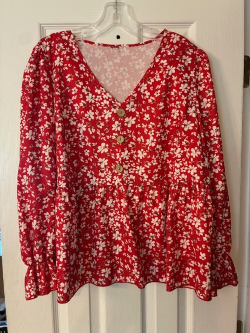 SHEIN Women's Red Floral Long Sleeve Peplum Babydoll Silky Top blouse Sz 14/ XL